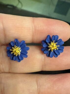 Blue Flower Stud Earrings with Gold Centers - Women Jewelry